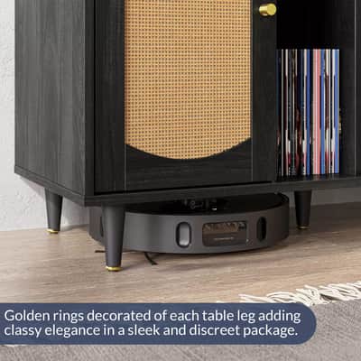 Record Player Stand & Vinyl Storage Cabinet – Mid-Century Modern Design, Brown with Wicker Rattan Doors image 5