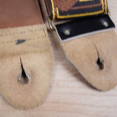 Fender Guitar Strap 1970s Black / Yellow with Brown Leather Back Vintage image 5