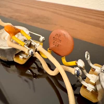 Fender Telecaster 3-way wiring harness (1950-60's) upgrade for single coil neck and bridge pickups and volume treble bleed mod with a vintage 0.05uF 50v ceramic capacitor image 2