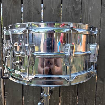 Ludwig No. 402 Supraphonic 6.5x14" 10-Lug Aluminum Snare Drum with Rounded Blue/Olive Badge 1979 - 1984 - Chrome-Plated image 5