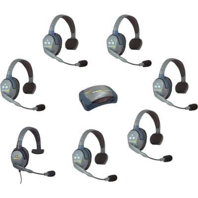 Eartec HUB7SMXS 7 Person System with 6 Single Wireless Communication Headsets, 1 Max 4G Single Headset and 1 HUB Mini Base Transceiver image 1