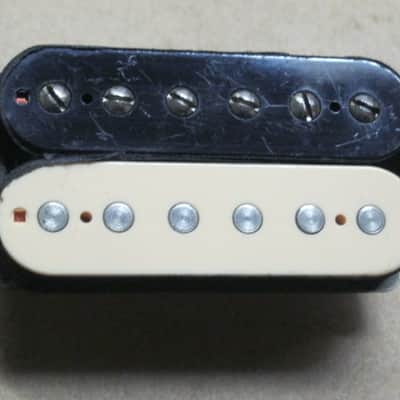 litely reliced player's wear StewMac Neck Humbucker Reverse Zebra (screws on black/flat poles on creme) 8.42k, Alnico 5, 50mm pole spacing, item # 101549 2000s-2010s, +screws/springs (orig 4 conductor wire shortened & 2 conductor wire added, Now 2 con) image 3