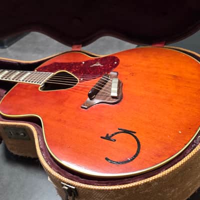 1954 Gretsch 6022 Rancher Jumbo Flat Top Western Orange Early 50s American Vintage 1950's USA G6022 Original Case G Brand Steer Logo Piezo Acoustic-Electric Guitar Spruce Maple Body Country Western Inlays Brazilian Rosewood image 1
