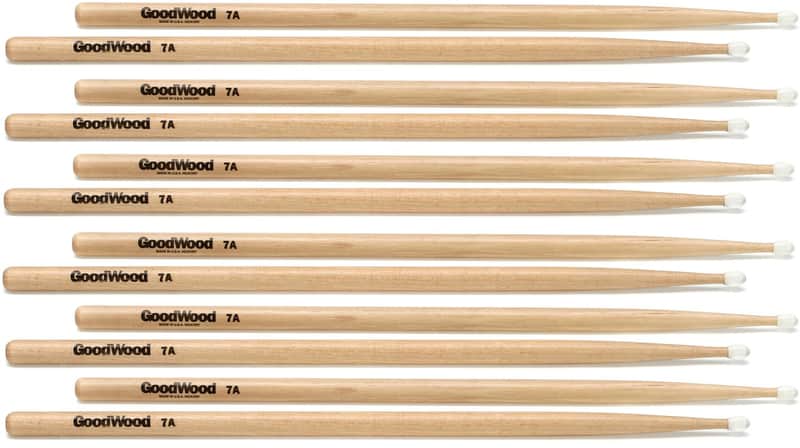 Goodwood US Hickory Drumsticks 6-pair - 7A - Nylon Tip (3-pack) Bundle image 1