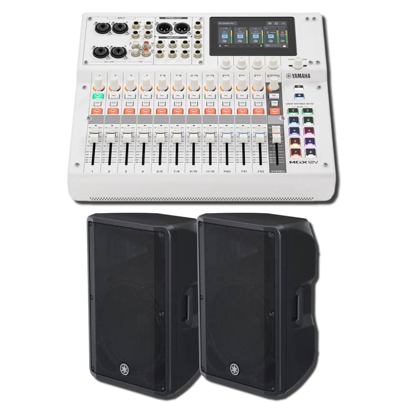 Yamaha MGX12V W 18-Channel Digital Mixing Console with HDMI 4K Video Interface and Two DBR15 15-Inch 1,000W Powered Loudspeakers — White HDMI Streaming and Live Sound PA Bundle image 1