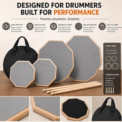 12 Inch + 8 Inch Double Sided Silent Drum Practice Pad Set, Professional Rubber Snare Drum Pad with 2 Pairs 5A Nylon Tip Drum Sticks, Portable Travel Drumming Accessories for Beginners & Adults (Gray) image 2