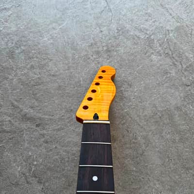 Tele Guitar Neck Yellow Flame Maple 22 Fret Rosewood Fretboard, Gloss Finish, 12" Radius image 6