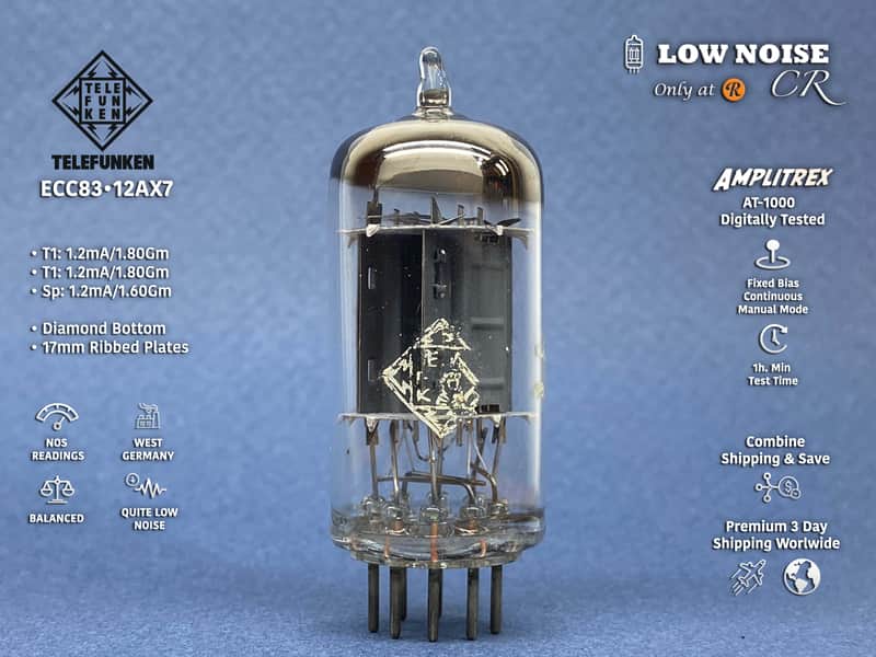 Telefunken ECC83 ◇ 12AX7 • 100% BALANCED mA & Gm • Strong NOS • Sep 1953 "pd" • Ribbed Plates • Amplitrex AT-1000 Digitally Tested • Quite Very Low Noise • T-03 image 1