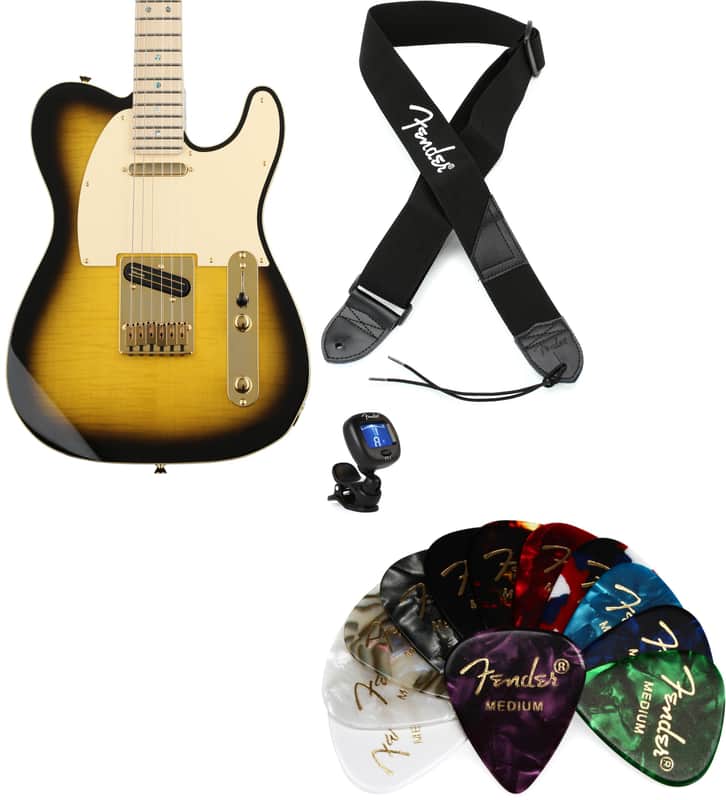 Fender Richie Kotzen Telecaster - 2-Tone Sunburst with Maple Fingerboard Bundle with Fender 2" Polyester Logo Strap - Black with White Logo... (4 Items)