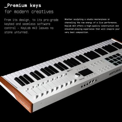 Arturia KeyLab Mk3 61 Keyboard MIDI Controller with DAW Integration and Enhanced Keybed (White) Bundle with Adjustable Z-Stand, Piano Style Sustain Pedal, Dust Cover, and 10 Feet MIDI Cable (5 Items) image 3