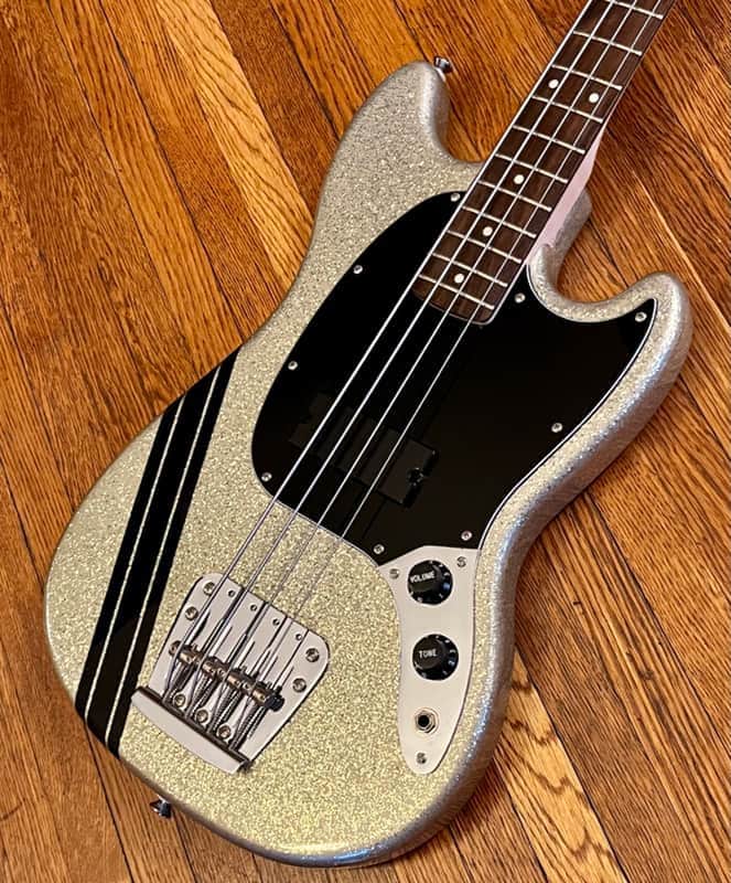 2015 Squier by Fender Mikey Way Signature Mustang Bass - Large Flake Silver Sparkle image 1