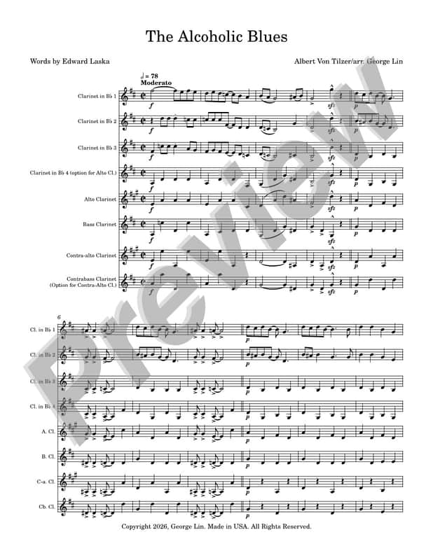 Clarinet Sheet Music - The Alcoholic Blues (Albert Von Tilzer).   Arranged for clarinet sextet.  Full Score and Parts. image 1