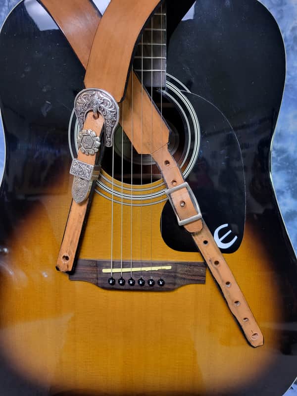 Leather New Old Stock USA "Old School" Style Full Grain Leather Cowboy Silver Buckle Fancy Guitar Strap Metal Buckle Case Candy image 1