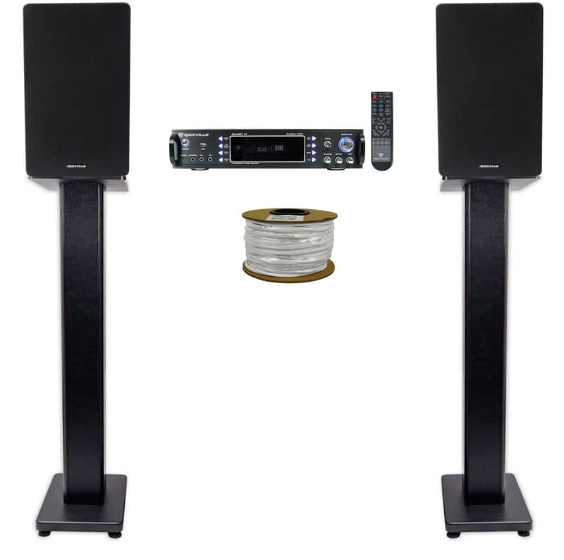 Rockville RPA60BT Receiver+(2) 6.5" Black Bookshelf Speakers+Black 28" Stands + Rockville R14GSBR100 Red/Blk 14 Gauge 100' Ft. Mini Spool Car Audio Speaker Wire image 1
