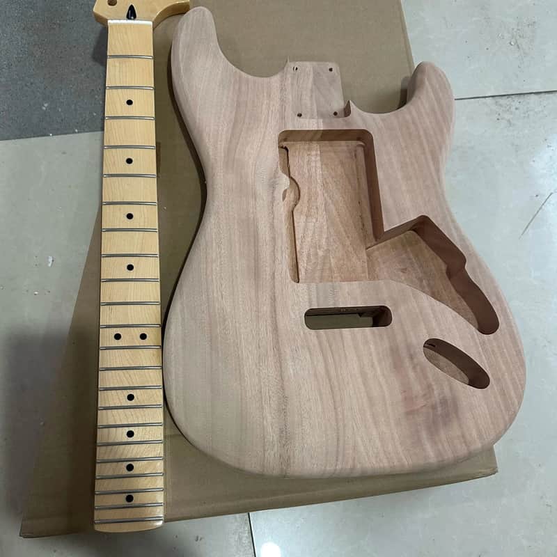 1 Set Unfinished Mahogany Wood Guitar Strat Style Body with Maple Neck image 1