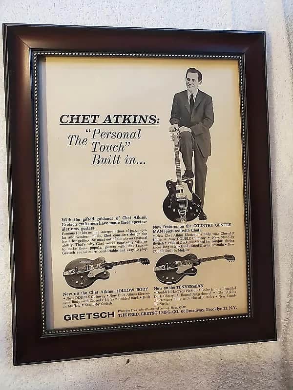 1961 Gretsch Guitars Promotional Ad Framed Chet Atkins Country Gentleman, 6120 & Tennessean Original image 1