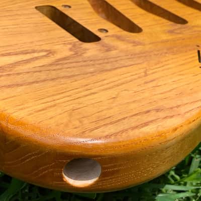 Light Back Routed Swamp Ash 1" Wood Strips Strat (Woodtech, USA) in Golden Amber Truoil Finish image 12