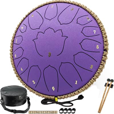 13-Inch 15-Note Steel Tongue Drum – C Major – Handpan Steel Drum for Meditation, Yoga & Relaxation – Includes Mallets, Music Book & Carry Bag (Violet) image 1