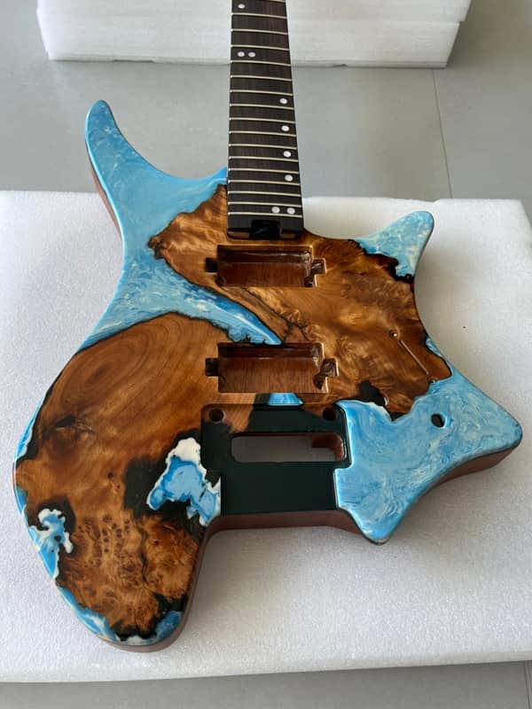 Vibrato system 24frets Handmade Custom Headless Guitar Body Neck Kit, Full Solid Mahogany Core, In-body Poured Marbled Blue Epoxy Resin & Burl Wood Grain, 5P Roasted Flamed Maple Neck with Truss Rod, Unfinished Build Your Own Electric Guitar "T contour" image 1