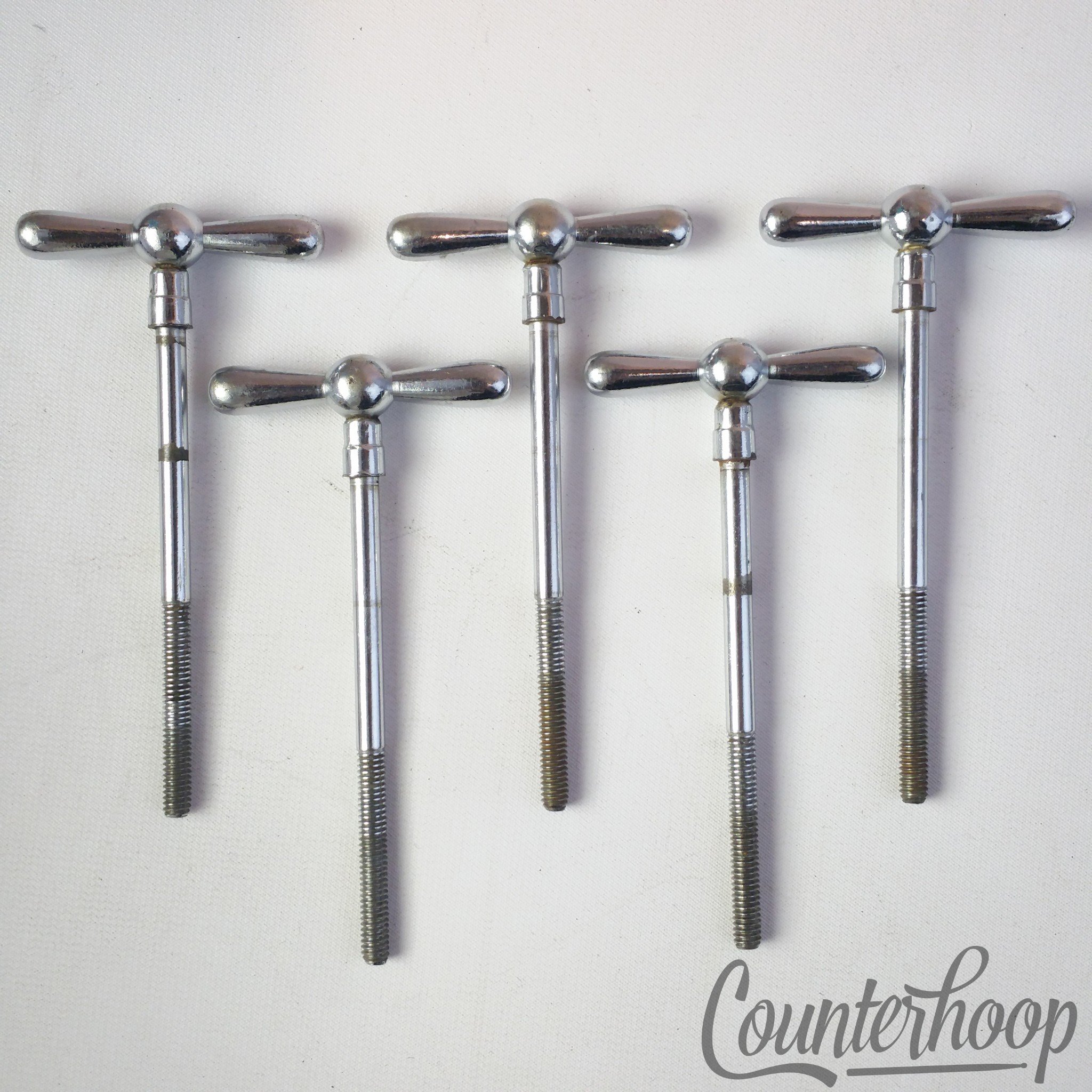 Rogers-Like 5x Bow-Tie Bass Drum Tension T-Rods 3 5/8"Screw Chrome Vintage 60s* - Fair / 6.95/24.95 — main photograph
