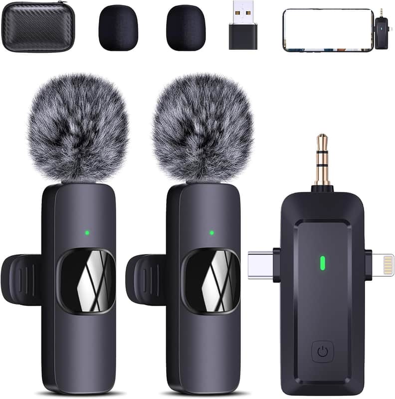 wireless lavalier microphone, suitable for iPhone/Android phones/cameras/computers/four in one lavalier microphone, suitable for video and audio recording, TikTok, etc., with microphone Bags, black image 1