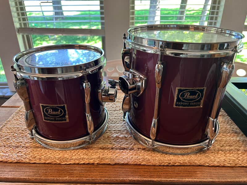 Vintage Pearl Export Series 8" and 10" Toms w/ Long Lugs & Purple-ish Wrap 1990's image 1
