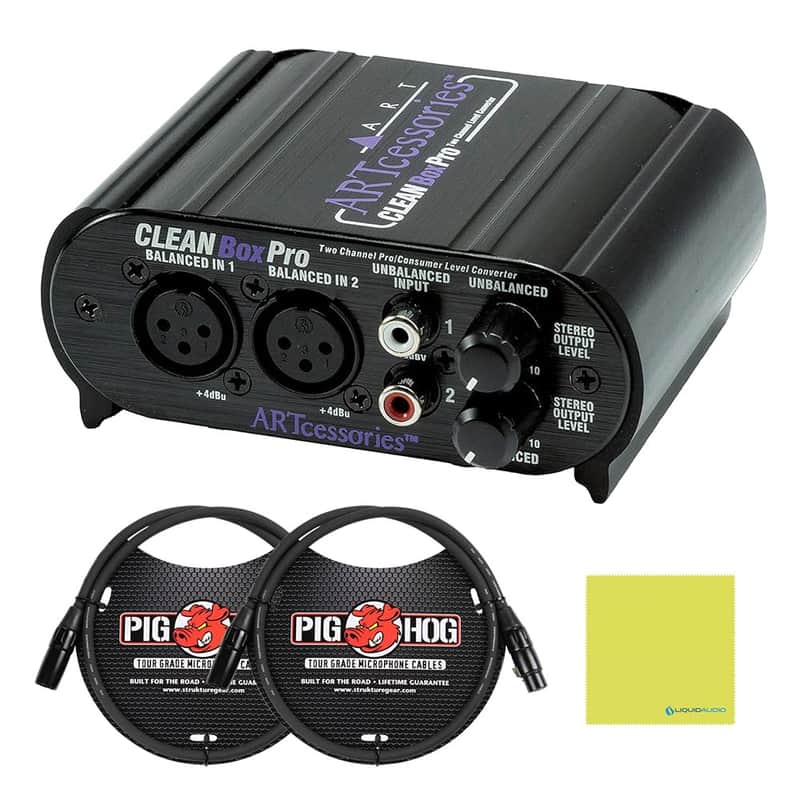 ART CLEANBox Pro Dual Channel Level Converter Bundle with 2x 3ft Pig Hog 8mm XLR Mic Cables & Polishing Cloth – Converts Between Consumer & Pro Line Levels, Balanced & Unbalanced Signals image 1