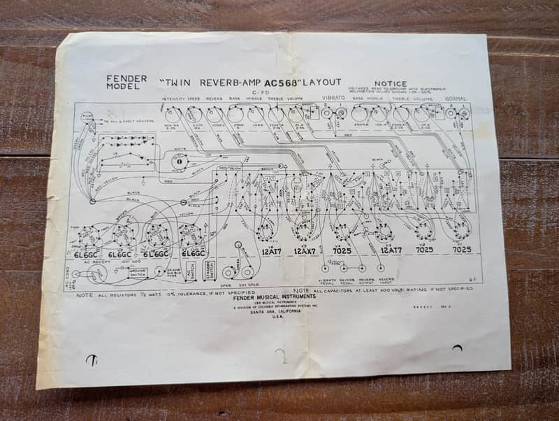 Fender Twin Reverb Guitar Amplifier AC568 Layout Vintage Schematic REV C image 1