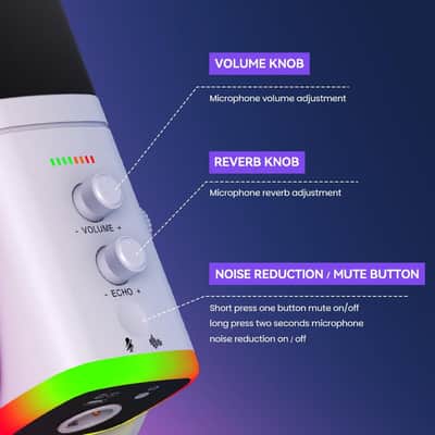 USB/XLR Desktop Dynamic Microphone with RGB Light, Noise Reduction & Mute Button for Podcast Recording, PC Computer Gaming Streaming Mic with RGB Light, Mute Button, Headphones Jack (White) image 2