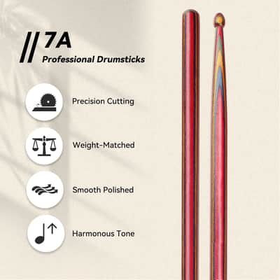 Drum Sticks for Drums, 7A Wooden Drumsticks, Consistent Weight and Pitch, Durable and Drum Stick for Jazz Drum Electronic Drums set, Drum Prastic Pad, Drumsticks for Professionals Beginners (Red) image 2