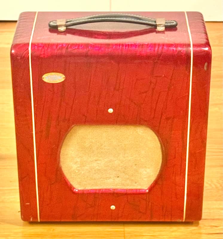 SUPER RARE OAHU 1x8 COMBO IN VERY RARE CUSTOM ORDERED STUNNING RED MOTS FINISH -SUPRO SPECTATOR/COMET/YELLOW SUNSHINE CIRCUIT BUT BETTER, w/12AX7 PRE(very rare version), not lower gain 6SL7 pentode-LOOK!! image 1