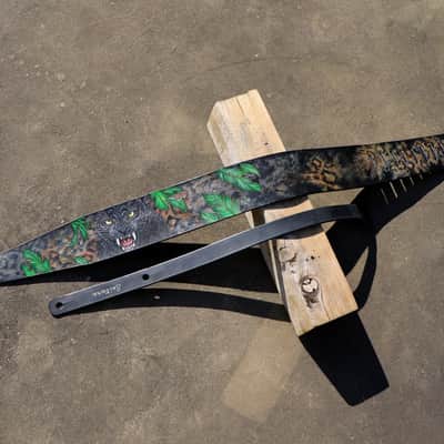 Burny Black Handmade Leather Guitar Strap: Black Panther_Carved & Painted, Custom Initials 2026(made to order) - oil image 6