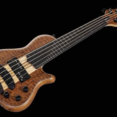 Mayones Cali 5 Fretless Mini 5A Quilted Mahogany - Trans Natural Matt image 2