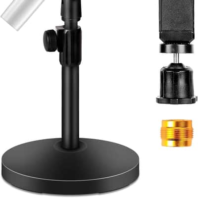 Mic Stand Desk with Microphone and Cell Phone Clip, Upgraded Weighted Base, Adjustable Height, Condenser, Podcast, Mike Accessories, 5/8" Male to 3/8" Female Metal Adapter image 1
