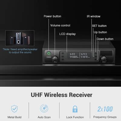 Wireless Microphone System, Dual Wireless Mics,w/ 2 Handhelds, Auto Scan,2x100 UHF Frequencies,328ft Range,Dynamic Microphone for Singing, Karaoke, Church image 2