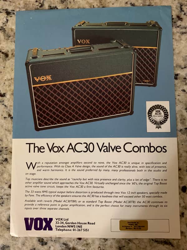 Vox AC30 Amp Brochure 1985 AC-30 image 1