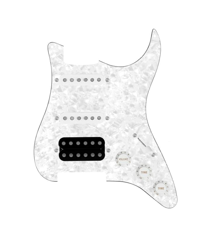 920D Custom HSS Loaded Pickguard For Strat With An Uncovered Smoothie Humbucker, White Texas Vintage Pickups, White Knobs, and White Pearl Pickguard image 1