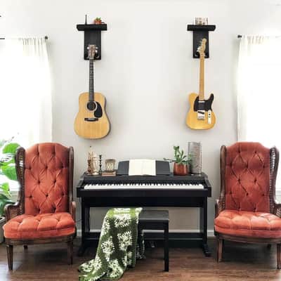 Guitar Wall Hanger,2 Pack Guitar Wall Mount Holder Guitar Hanger Shelf with Pick Holder Wood Guitar Rack for Acoustic or Electric Guitar,Ukulele,Bass,Mandolin Black image 5
