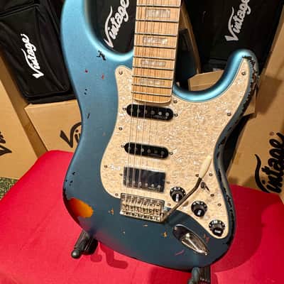 Vintage Guitars 30th Anniversary V6 Strat Overspray Relic  Super Flame Neck Lake Placid Gun Hill Blue image 2