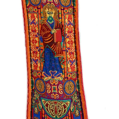 Handmade Red Irish Celtic Book Of Kells Hemp Guitar Strap by VTAR, with Brass Details and Brown Vegan Leather. For Acoustic, Bass and Electric image 3
