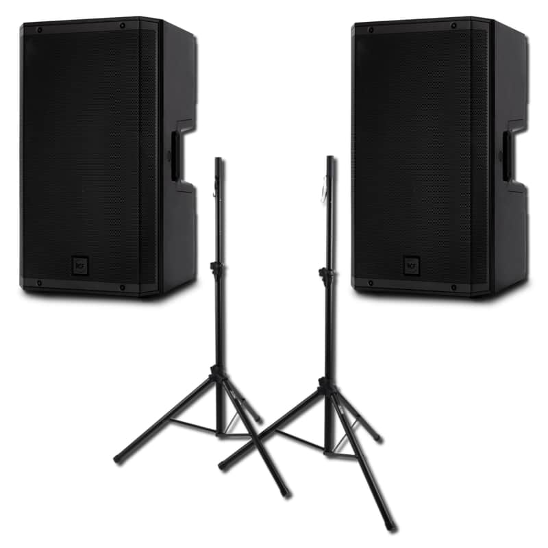 RCF ART 915-A 2100W 15-Inch Two-Way Powered PA Loudspeaker Stereo Pair with On-Stage SSP7900 All-Aluminum Tripod Speaker Stand Pack image 1