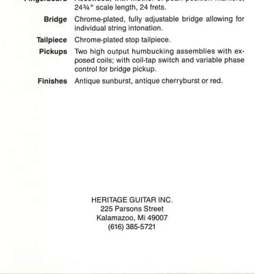 Heritage Guitars- H-127V, promotional print/cut sheet, 1988 image 2