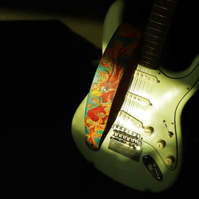 Burny Black handmade guitar strap leather - phoenix red/blue made to order - oil image 14