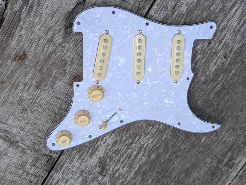 Pearloid WHITE - Cream Hot Texas Blues loaded alnico V SSS Stagger Poles pickguard complete kit wired. image 1
