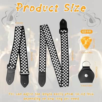 Black & White Checkered Guitar Strap w/ Leather Pick Holder & 4 Picks for Acoustic Electric Bass Guitar image 2