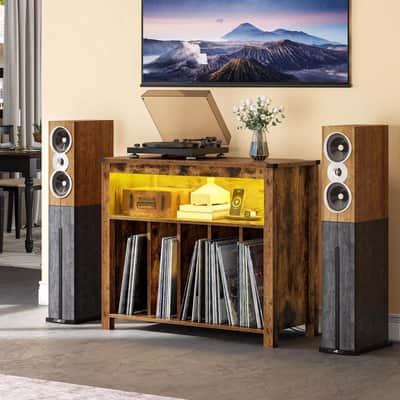 Height-Adjustable Record Player Stand w/ RGB Lights, USB & Power Outlets – Holds 200 Vinyl Albums | Turntable Storage image 3