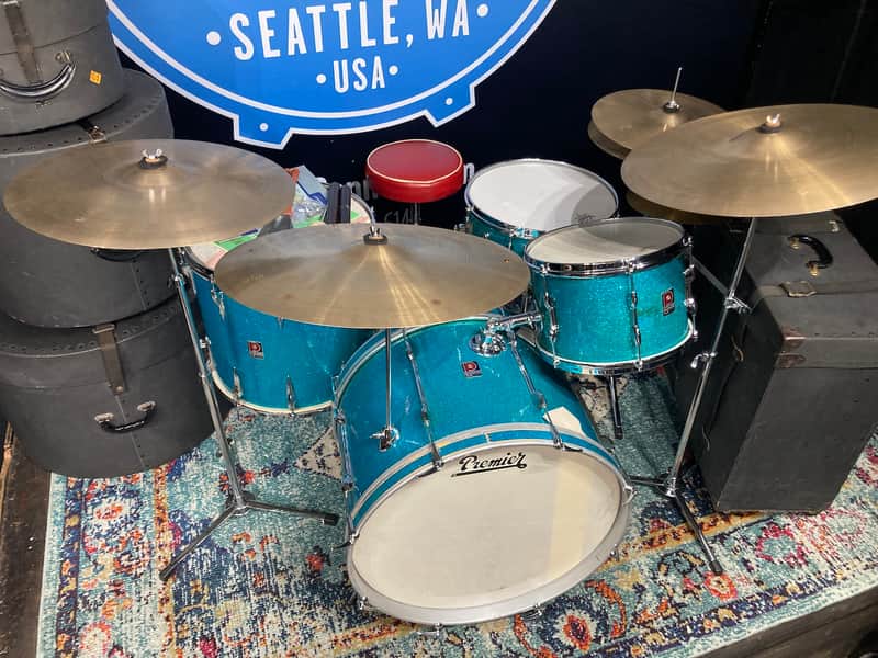 Premier 4-Piece Drum Set, 22", 16", 12" and 14x5.5" Matching Snare Drum, Hardware and Cases, All Original!! 1966 - Aquamarine Sparkle image 1