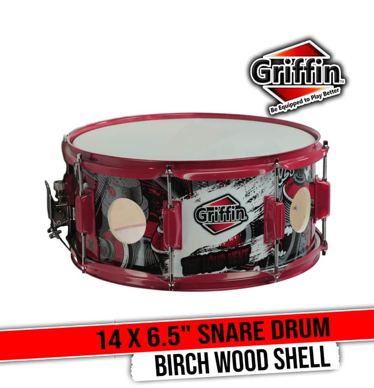 GRIFFIN 14" x 6.5" Birch Wood Snare Drum (Limited Edition) – Large 2.5" Vents, Red Hardware, Graphic Wrap – with Drum Key & 8 Metal Lugs image 1