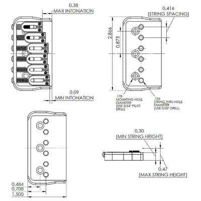 Hipshot 6 String Hardtail Fixed Bridge (Chrome, .125") image 2