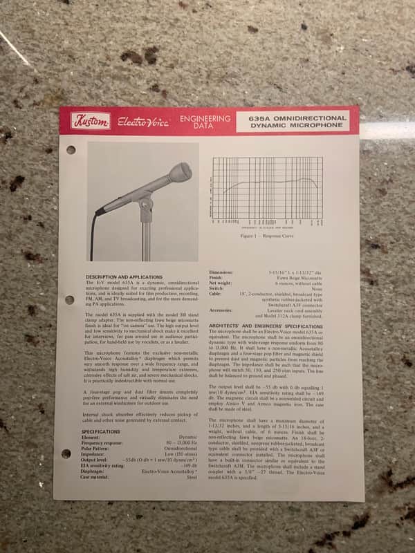 Vintage 1970s Kustom Electro Voice 635A Omnidirectional Dynamic Microphone Spec Sheet! image 1